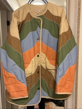 Sezane x PANGEA Colorblock Quilted Jacket in Green, Blue, Orange, Tan